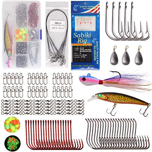 Saltwater Fishing Tackle Box, Surf Fishing Tackle Bait Rigs Kit Sea Fishing Gear Set Include Fishing Lure Spoon Jigs Fishing Rig Pyramid Weights Wire Leaders Fishing Accessories (157pcs Kit)