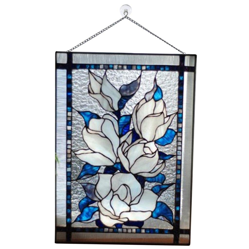 Stained Glass Rectangle Window Panel Suncatcher Wall Decor White Flowers-image-6