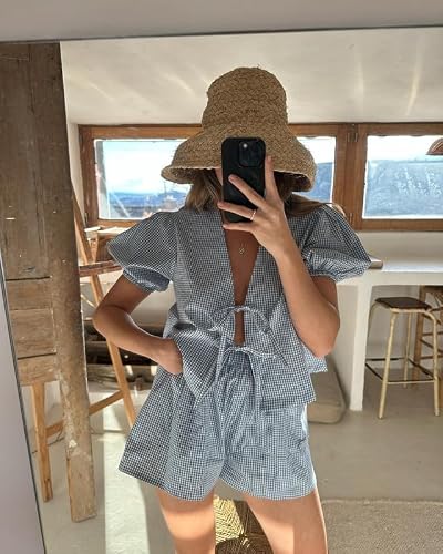 Yuemengxuan Women Y2k Peplum Shirt Shorts Set Two Piece Lounge Set Pajamas Sets Puff Sleeve Tie Front Top 2pcs Pj Outfits (Blue #ruy7, S)