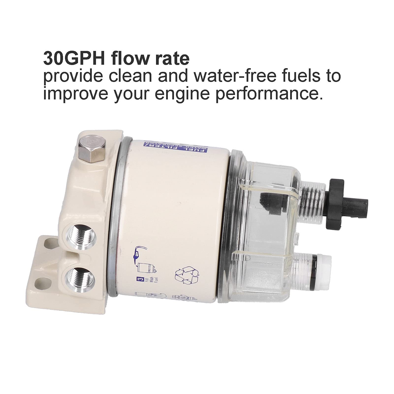Kit Complet de Séparateur D'eau de Filtre à Carburant, Séparateur D'eau de Filtre à Carburant à Visser Marin Débit 30 GPH avec Vidange Automatique R12T de Remplacement