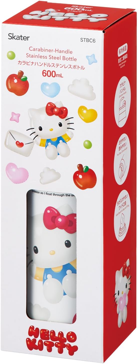 Skater - Stainless Steel Water Bottle with Carabiner Handle, Insulated and Cold Water Bottle, Sanrio Hello Kitty Double Wall Vacuum Insulated Water Bottle - Soup Balloons STBC6-A