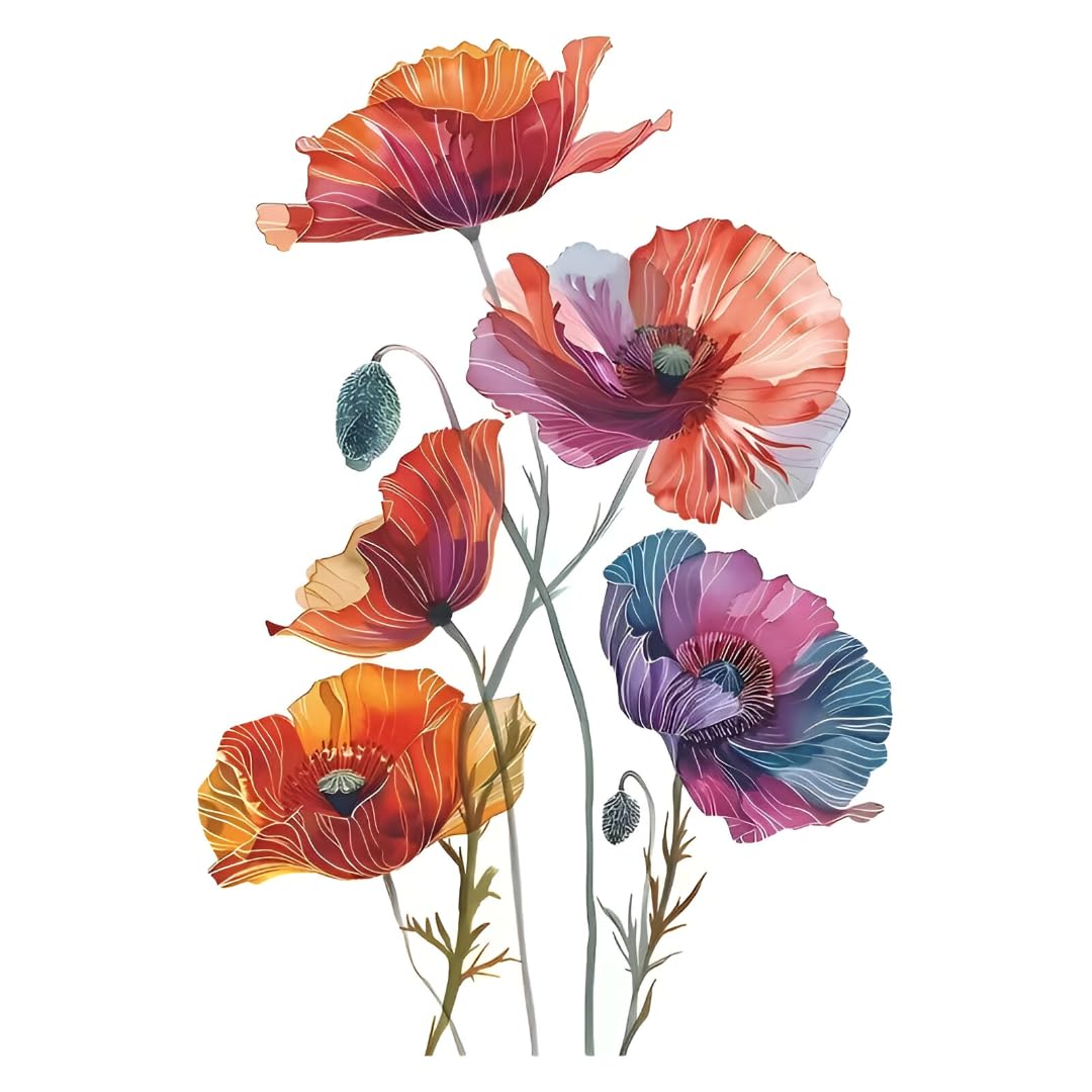 Colorful Poppy Flowers Wall Decal, Multicolor Floral Wall Sticker, Removable Home Decor Art 30x45-image-25