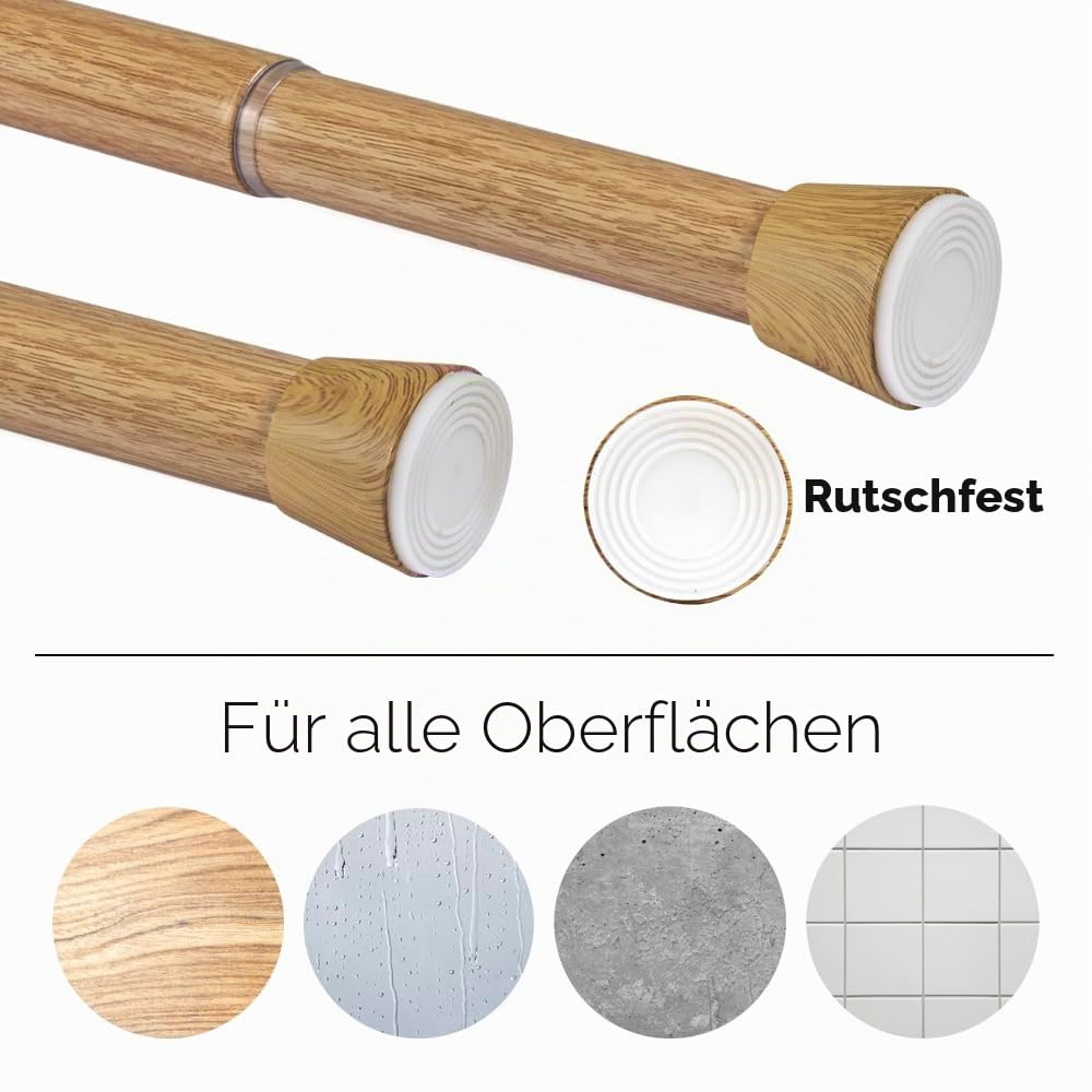 Klemmstange Gardinenstange ohne Bohren teleskopisch aus Metall 28 mm ausziehbar stabile Druckmontage für Vorhänge Schränke und Bad STORESDECO Holzoptik 140-250 cm