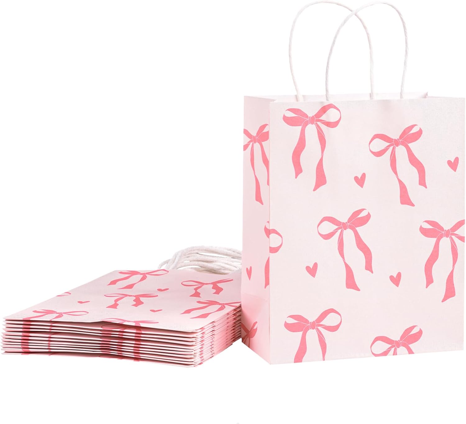 Loveinside Light Pink Bow Paper Gift Bags, Bow Ribbon and Heart Design with Handles Grocery Shopping Bags Candy Goodie Bags for Baby Shower, Birthday, Wedding, Anniversary, 8" x 4" x 10", 12 Pcs