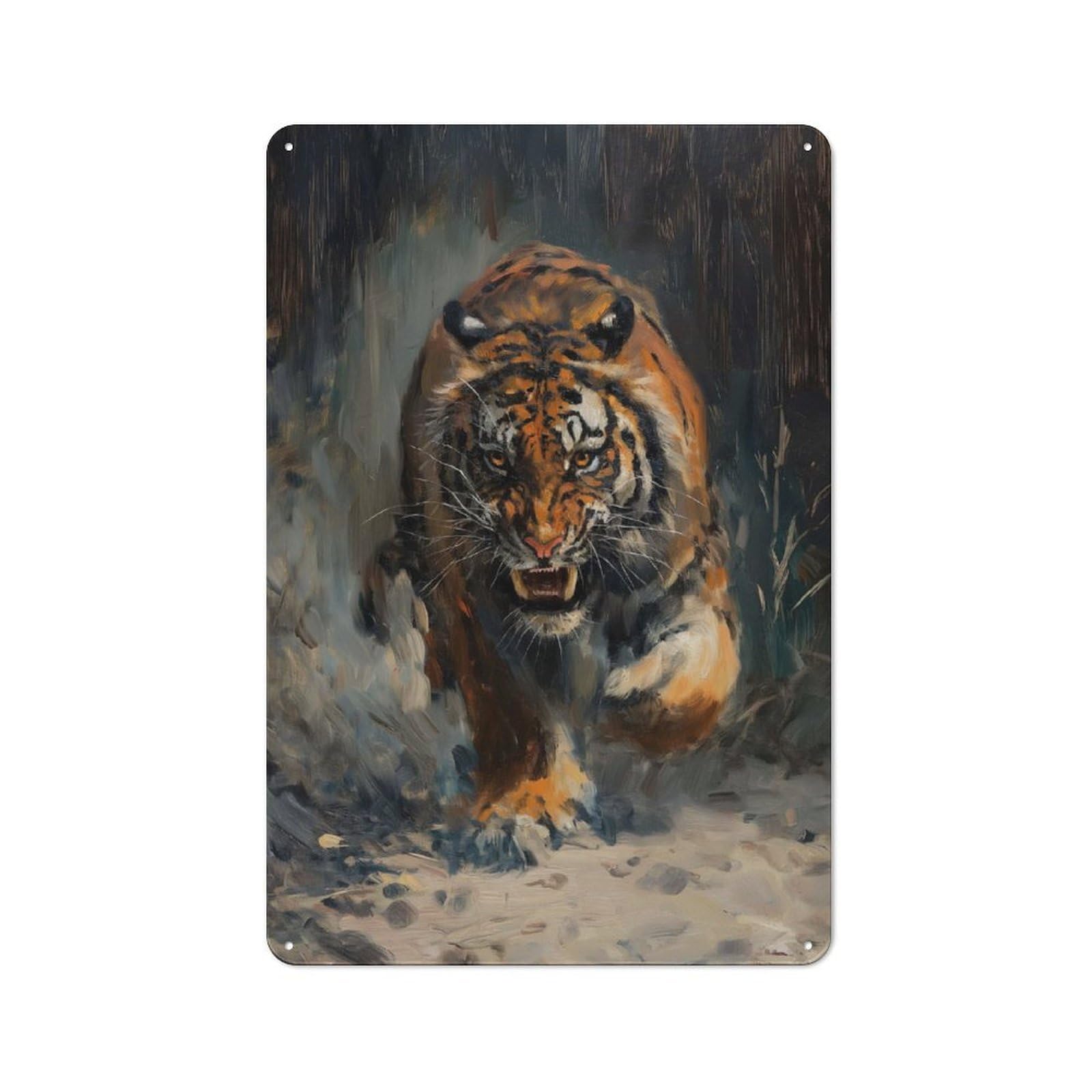 Decorative Metal Plaque with Tiger Angry Scary Hungry Design 30x20cm, Casual Utility Space Decor for Patio Bar, Workshop, Shed Or Kitchen