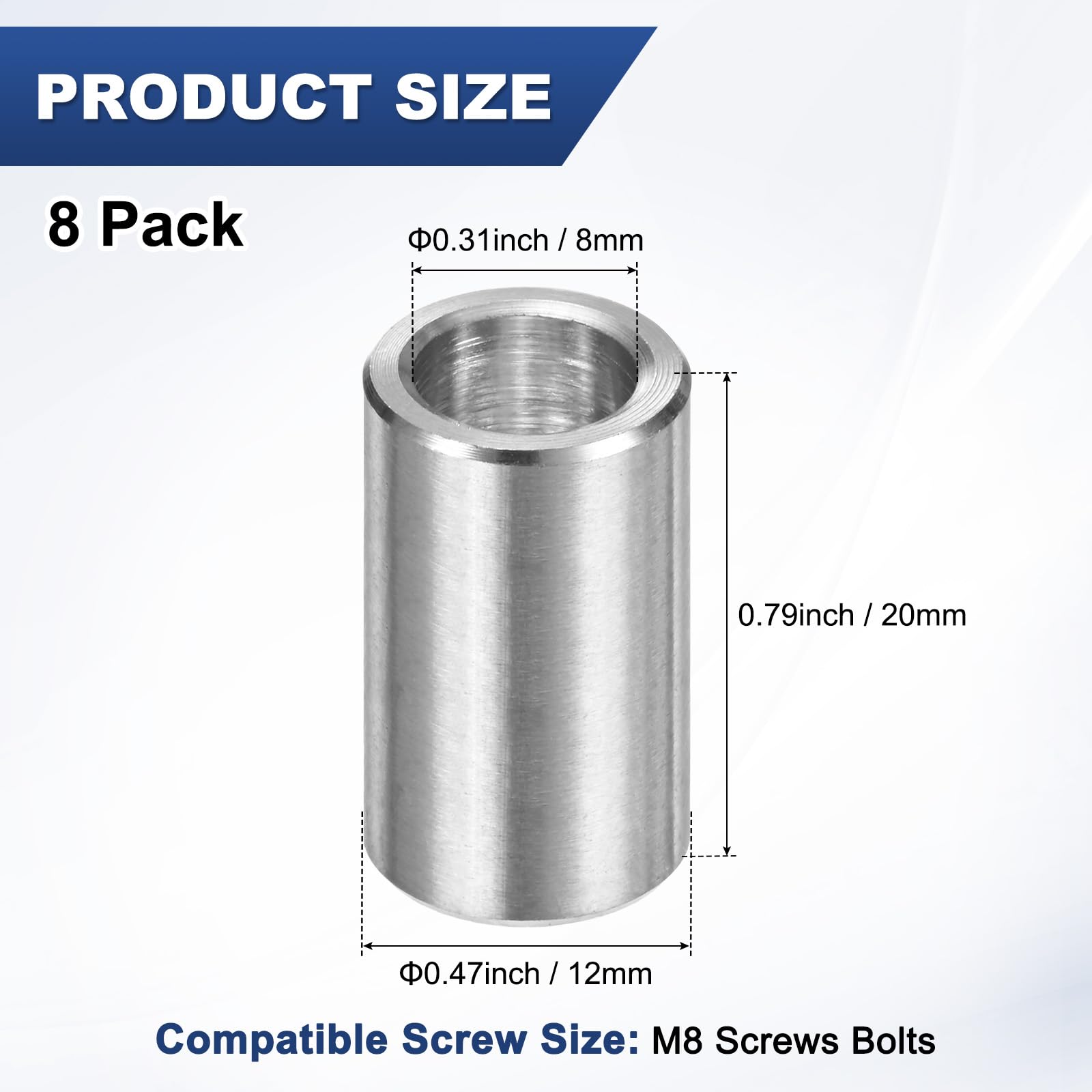 M METERXITY 8PCS M8 304 Stainless Steel Spacers 8mm ID x 12mm OD x 20mm l Metal Screw Standoff Bushing Plain Finish Round Spacer 304 Stainless Steel for Screws Bolts Silver - Image 3