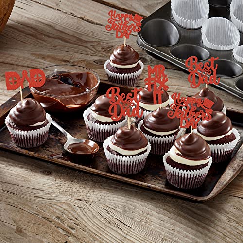 24 Pcs Happy Father's Day Cupcake Toppers With Hat Tool Theme Red Glitter Best Dad Cupcake Picks Dad Birthday Decorations For Fix It Theme Father's Day Dad Birthday Party Supply #TOP3