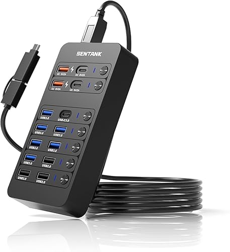 Hub USB alimentado, divisor de concentrador de datos USB de 14 puertos con 6 puertos USB 3.0, 4 puertos de carga, 1 puerto de datos USB-C 3.0, 1