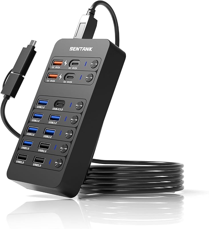 Hub USB alimentado, divisor de concentrador de datos USB de 14 puertos con 6 puertos USB 3.0, 4 puertos de carga, 1 puerto de datos USB-C 3.0, 1 puerto de carga PD 60 W con interruptores LED de encendido/apagado individuales para MacBook, Mac Pro, computadora portátil/PC