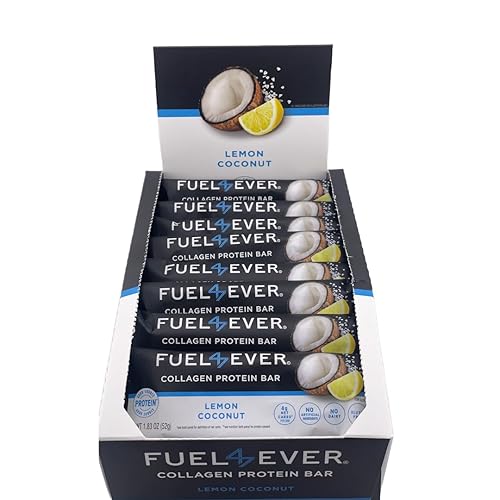 Fuel 4 Ever Barras de proteína de colágeno (caja de 12), limón y coco, 1.83 onzas, proteína de 0.53 oz, aceite MCT, sin azúcar ni ingredientes