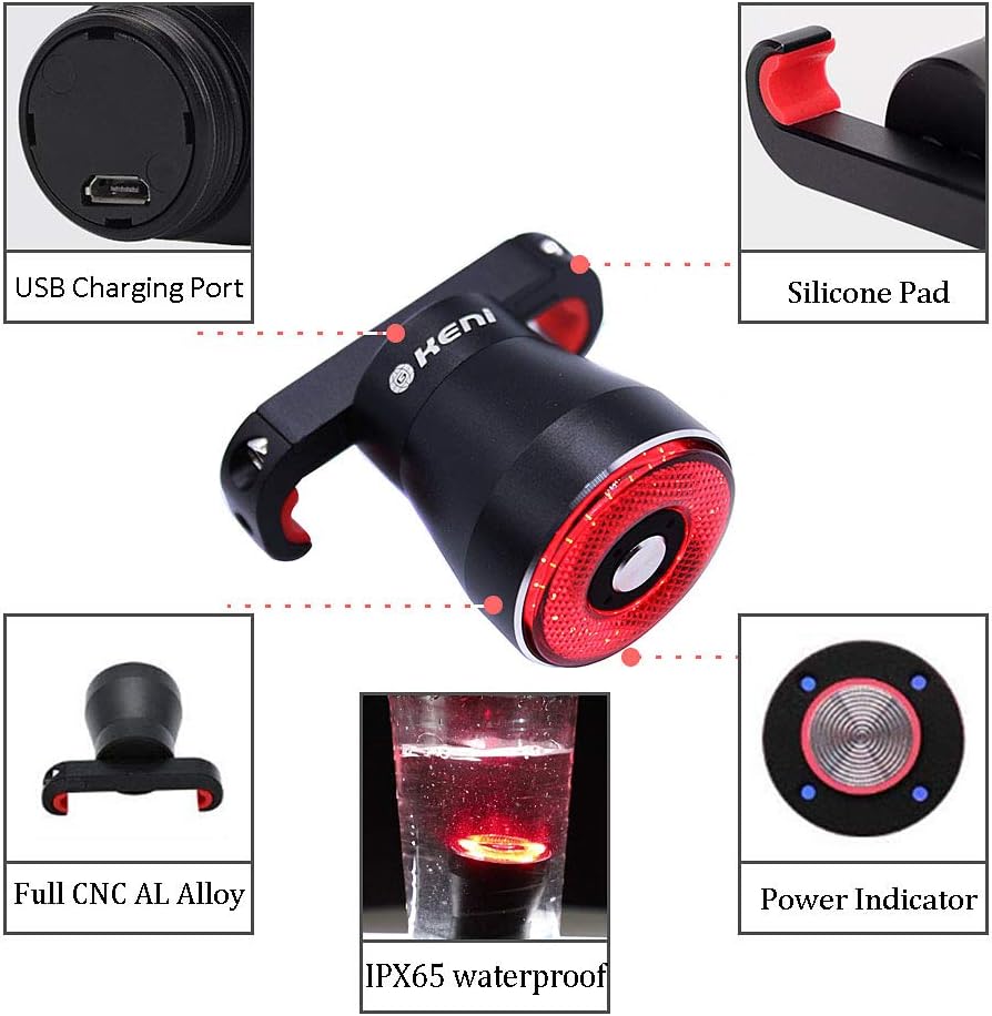 G Keni Smart Bike Tail Light, Brake Sensing Rear Lights, Ultra Bright LED Warning Bicycle Flashlight, USB Rechargeable, Auto On/Off Sensor, IPX6 Waterproof, Cycling Safety Back Taillight Accessories : Sports & Outdoors
