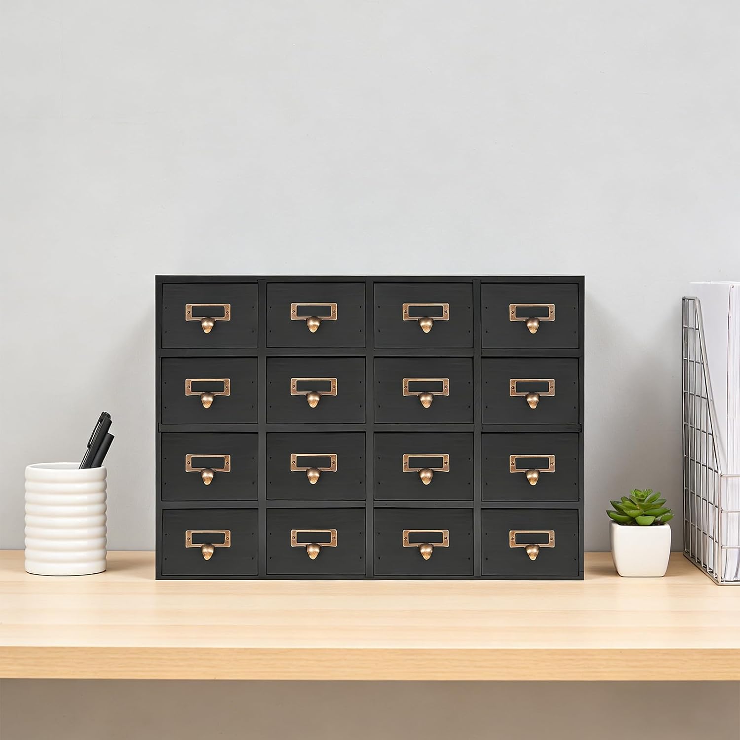 Wooden Apothecary Cabinet with 16 Drawers, Desk Drawer Organizer Medicine Cabinet Countertop Herb Storage Box with Metal Handles Black