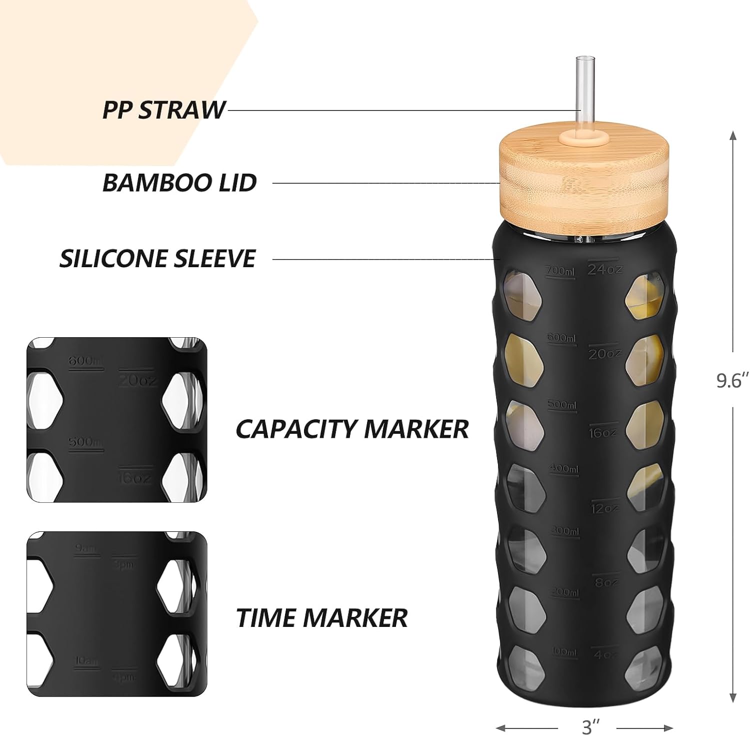 MUKOKO Glass Water Bottles, 24oz Glass Tumbler with Straw, Drinking Bottles with 2 Lids-Handle Spout Lid&Bamboo Straw Lid, Motivational Water Bottle with Time Marker and Silicone Sleeve, 1 Pack-Black - Image 3
