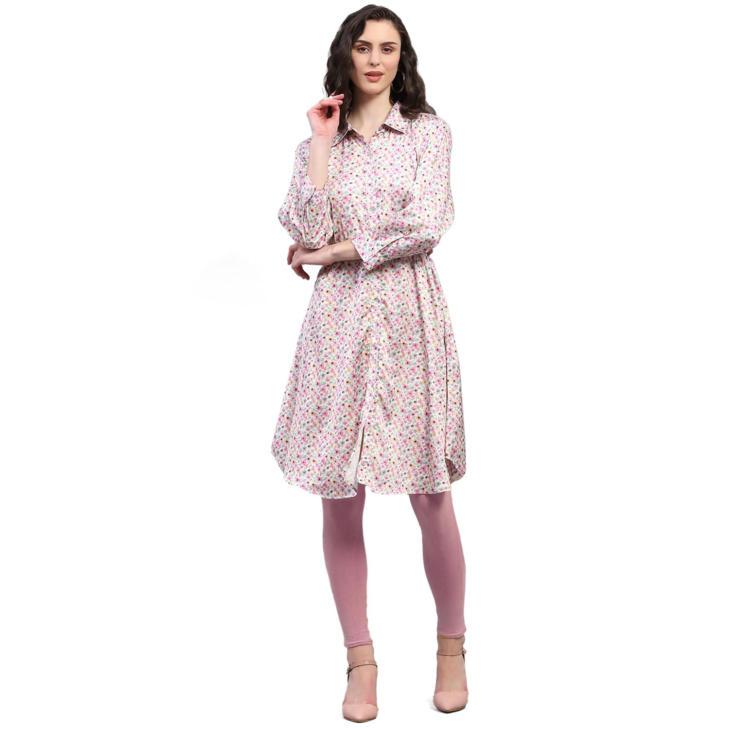 Womens Floral Printed V Neck 3/4th Sleeve Regular Fit Dress (224065568)-image-7