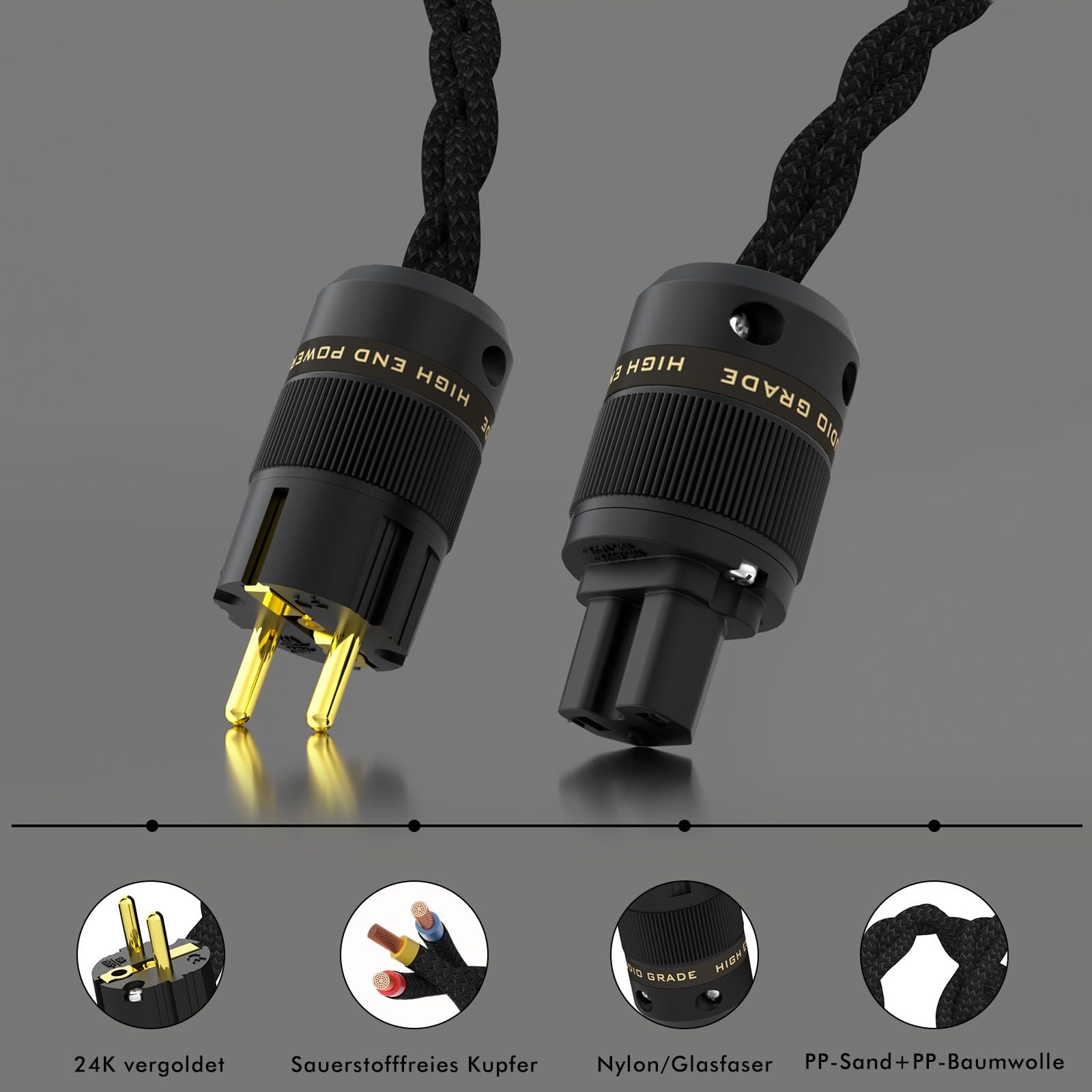 Monosaudio D541 High-End HiFi Netzkabel, 2 m, EU Schuko, IEC C15