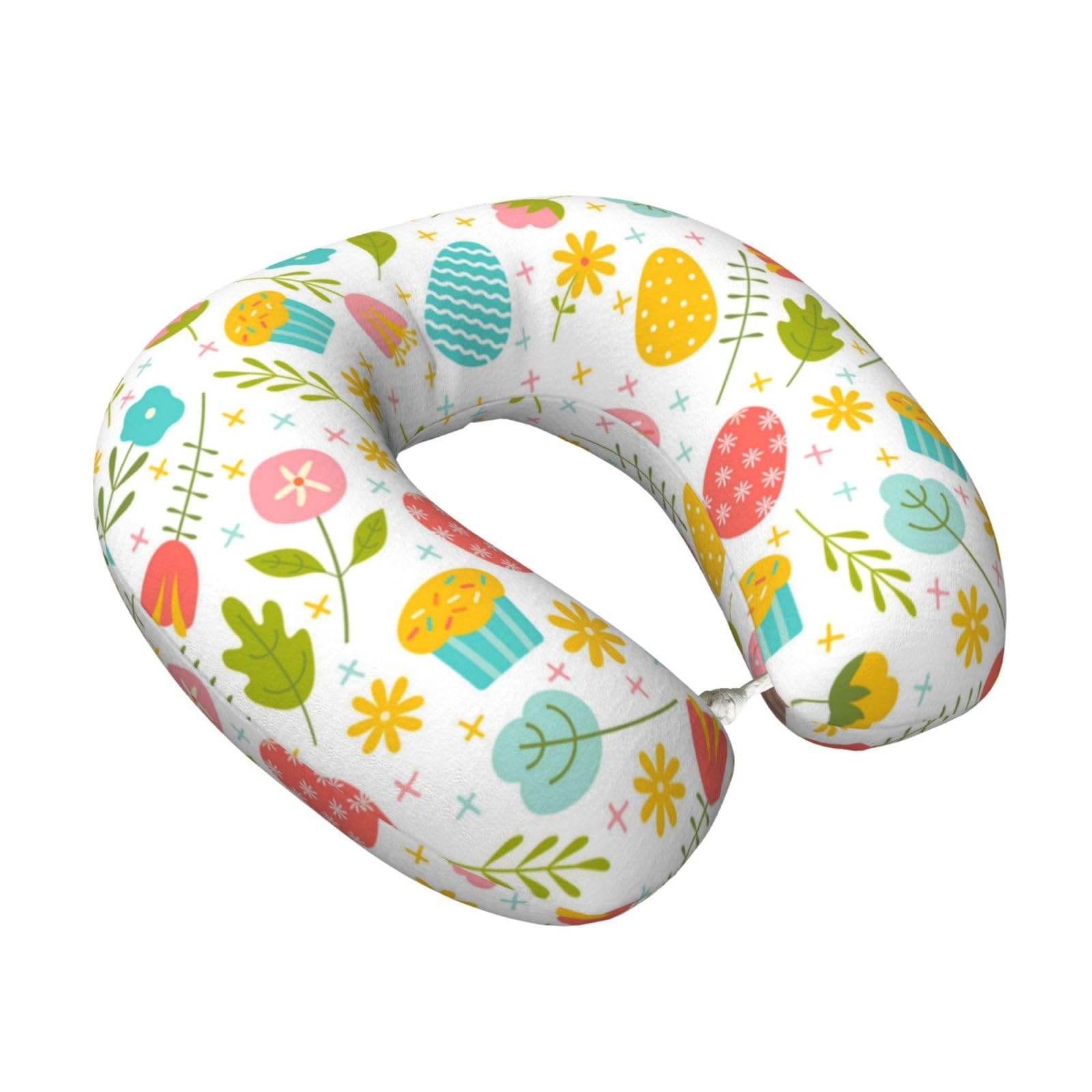LKYMOH Easter Spring With Flowers And Eggs, Travel Neck Pillow U-Shaped Memory Neck Support Soft Comfortable With Washable Cover For Airplane Car Traveling and Office