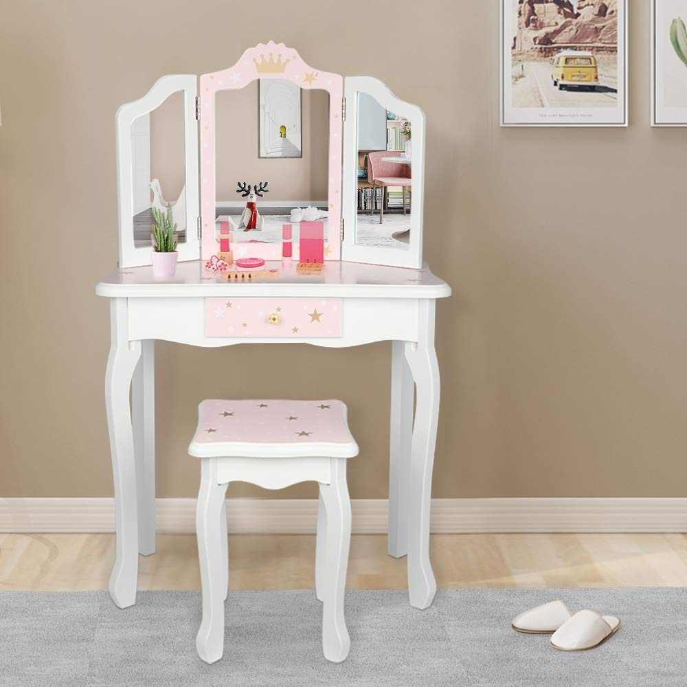 LALAHO Tocador para niños con taburete, mesa de maquillaje para niñas, tocador con cajón con dos espejos plegables de 180° para niñas de 3 a 9 años (Blanco y Rosa)