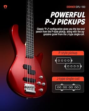 Donner Electric Bass 4 Strings Full-Size Guitar Kit PJ-Style (Red)