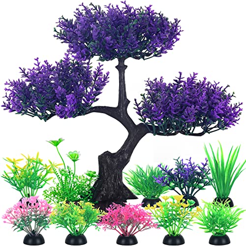 Borlech Aquarium Tree Plants Decorations, Fish Tank Plastic Plant Decor Set 10 Pieces #TOP7