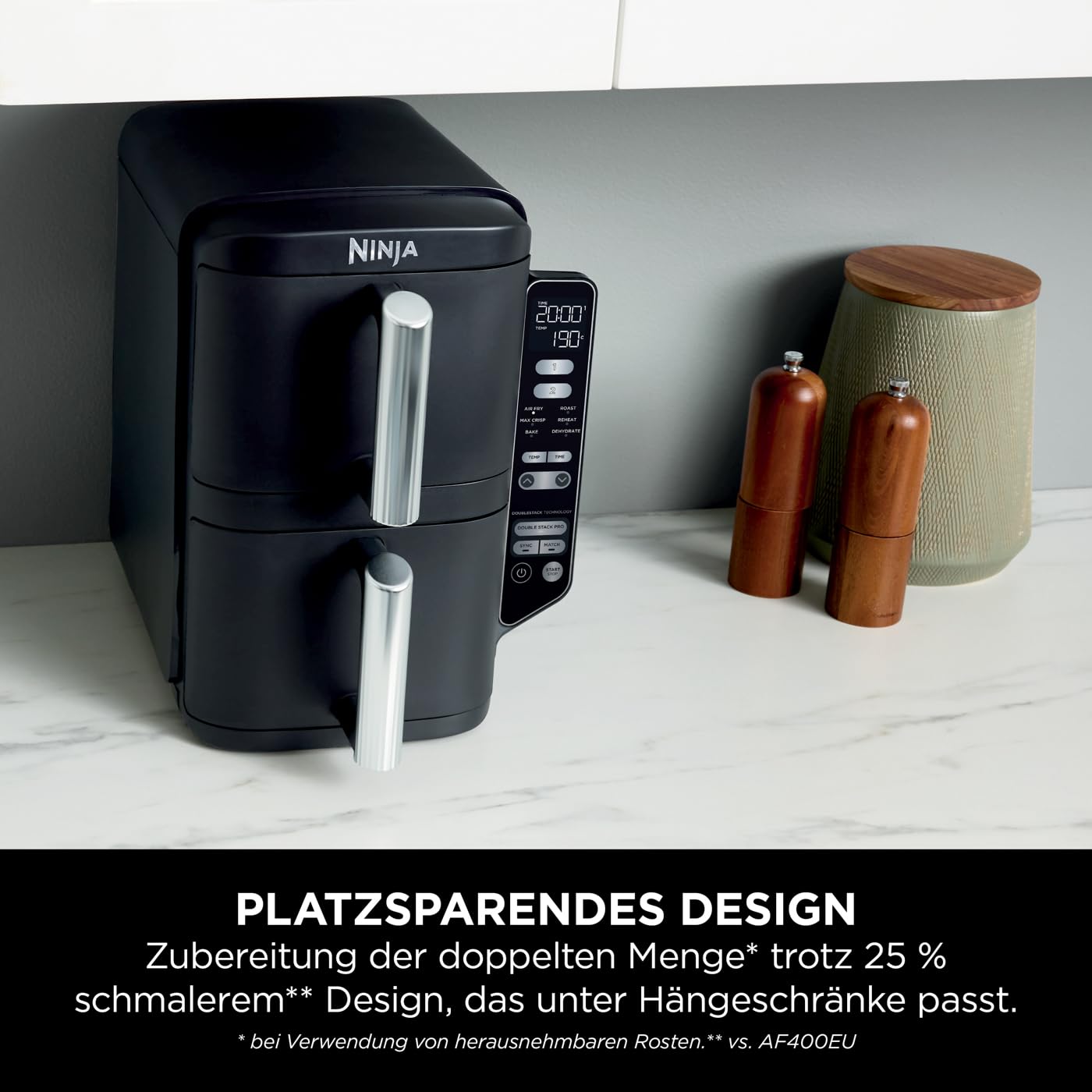 Ninja Double Stack Heißluftfritteuse, 7,6L Digitale Air Fryer Doppelkorb mit 4 Kochstufen, 2 Schubladen, 2 Gestelle, Platzsparendes Design, 6 Kochfunktionen, 6 Portionen, Schwarz SL300EU
