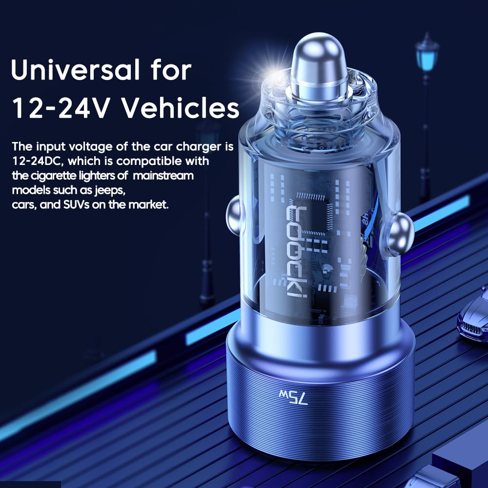 TOOCKI Podwójne gniazdo USB 75 W, 1 x USB-A i 1x USB-C PD 45 W, do gniazda samochodowego 12V/24 V, przezroczysta konstrukcja, chronione ładowanie, kompatybilne z iPhone, Samsung, iPad, MacBook,