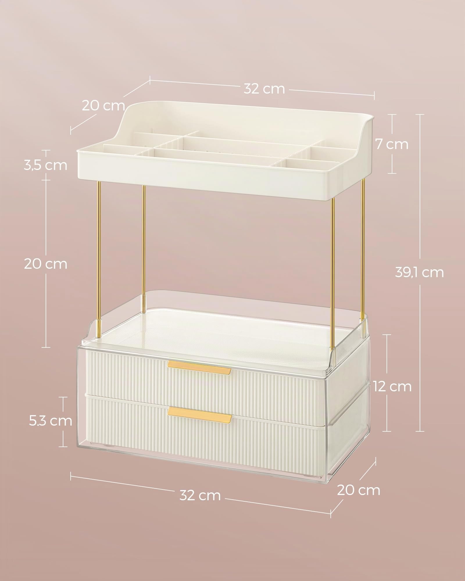 SONGMICS Make-up Organizer 4 Ebenen, Kosmetik-Organizer, 4 Trennwände, Make-up Box für Schminktisch, rutschfest, Badezimmer, Schlafzimmer, Küche, 20 x 32 x 39,1 cm, wolkenweiß JKA021W01 | Hautpflege-Organizer, 20 x 32 x 39,1 cm, Badezimmer-Theke, Waschtis