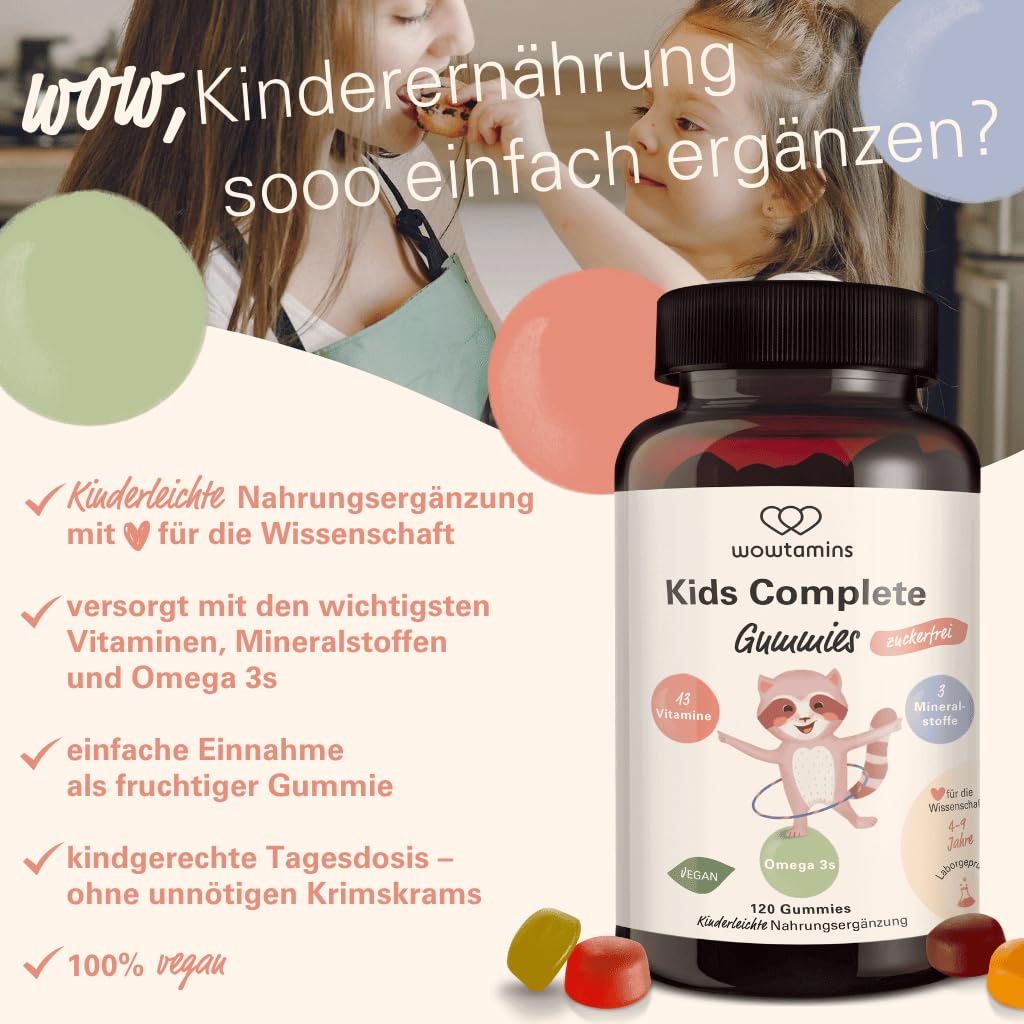 wowtamins Kids Complete zuckerfrei - Vegane Multivitamin Gummies mit Omega 3 (30-Tage-Vorrat) - Vitamine für Kinder - Nahrungsergänzungsmittel für das Immunsystem mit Vitamin C, D3, B12, Zink & mehr