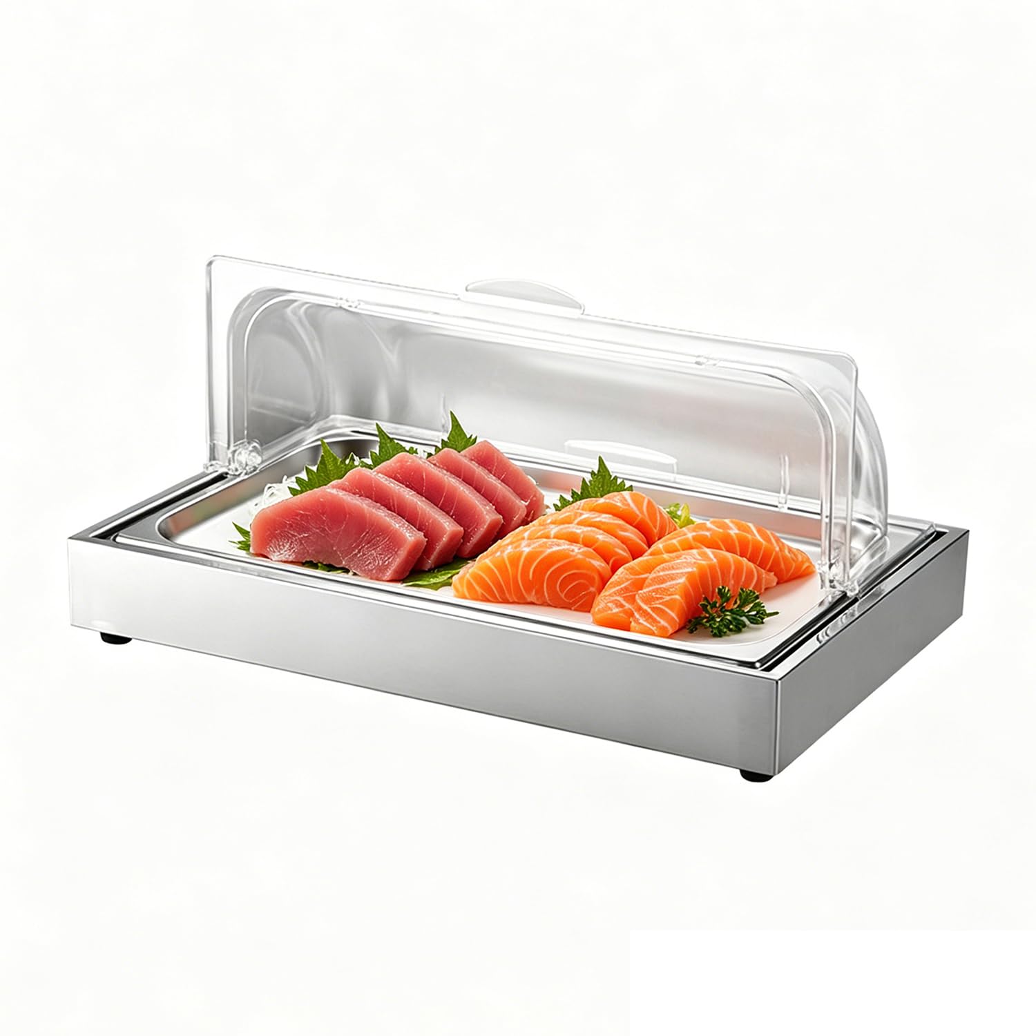 Kurflo Kühl Servierplatte | 58x37x23cm | GN 1/1 Kühlplatte mit Haube, System Kühlschale mit Kühlakku | Frischhalteplatte, Servierhaube mit 2 Kühlakkus | Edelstahl Catering Platte, Buffetvitrine