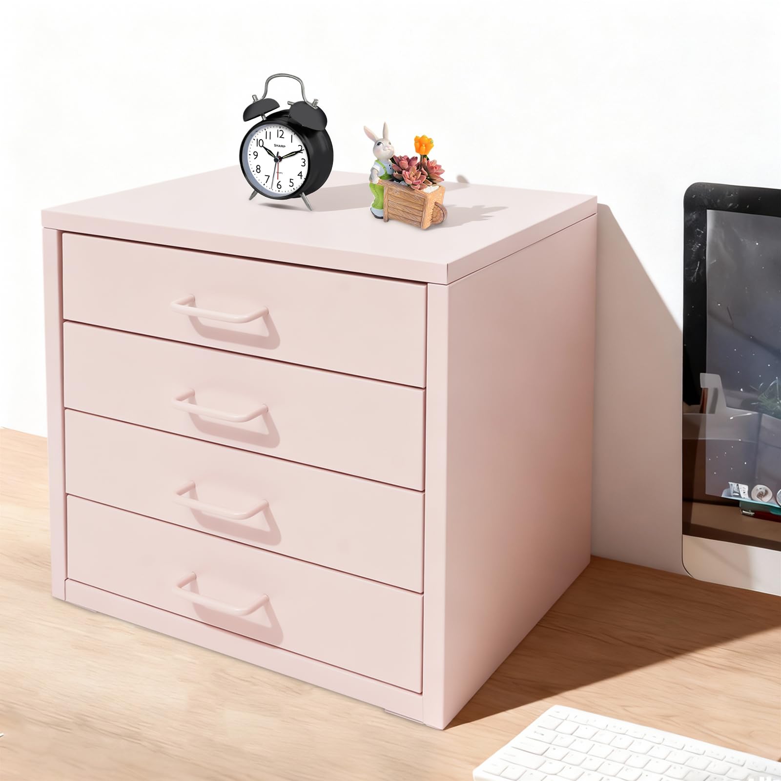 Ablagebox Schubladenboxen A4 Aufbewahrungsboxen Schreibtisch Organizer mit 4 Schubladen Mini Kommode Schubladenbox Papierablage Metall-Aufbewahrungsschublade für Hause, Büro (Rosa)