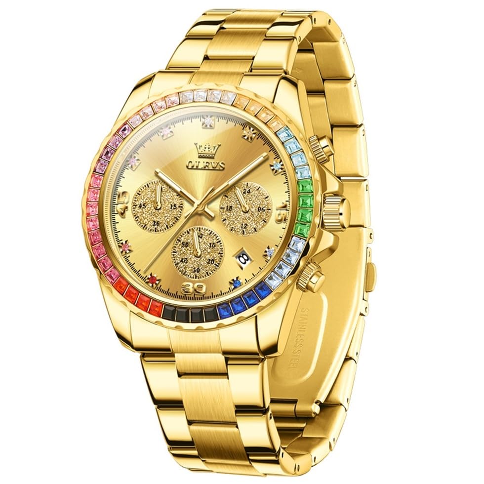 Image of OLEVS Watch for Men Luxury Gold Diamond Chronograph Business Wristwatch with Analog Quartz, Date Calendar, Stainless Steel Band, Luminous Hands, Waterproof