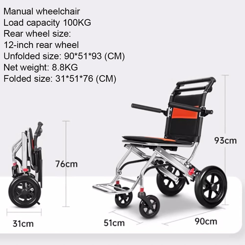 Carrozzina Portatile Manuale Autospinta, Carrozzina Multifunzionale in Lega di Alluminio, Poggiapiedi E Braccioli Regolabili, Carrozzina Pieghevole, Portata 100 kg,B