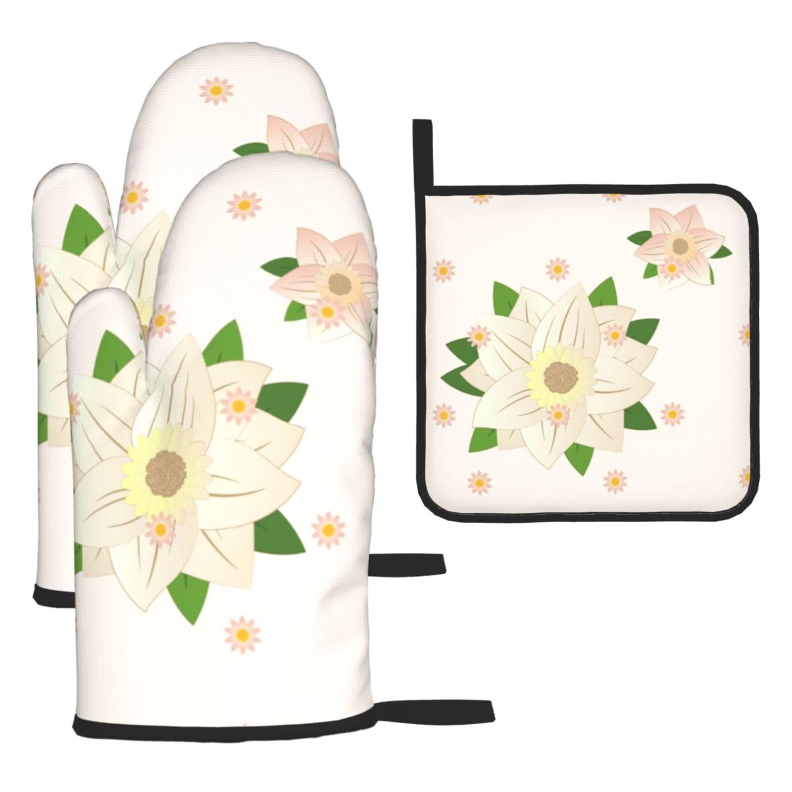 Blooming Hexagonal White Oven mittens and oven mitts three-piece set suitable for oven, grilling, baking, microwave and home cooking.