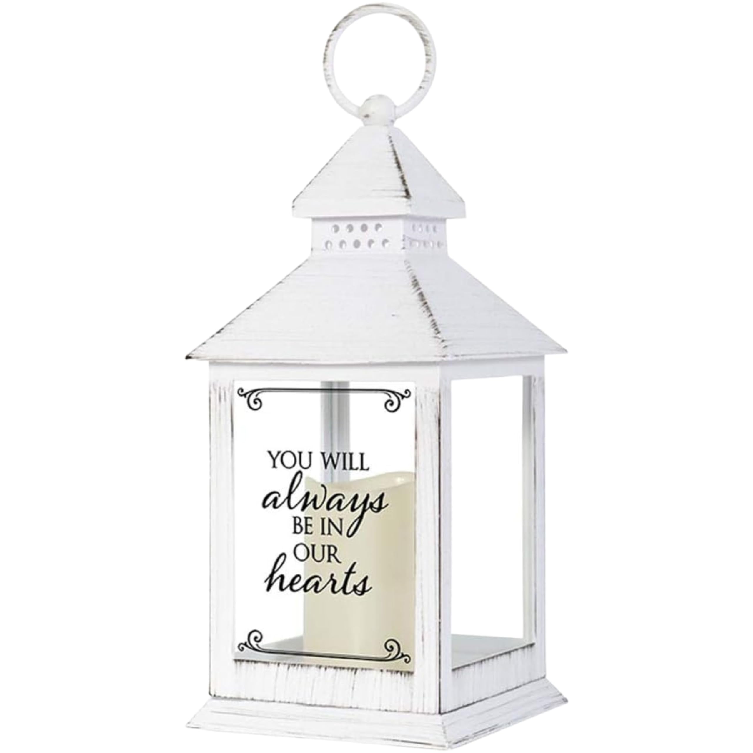 Farol conmemorativo blanco envejecido con vela sin llama