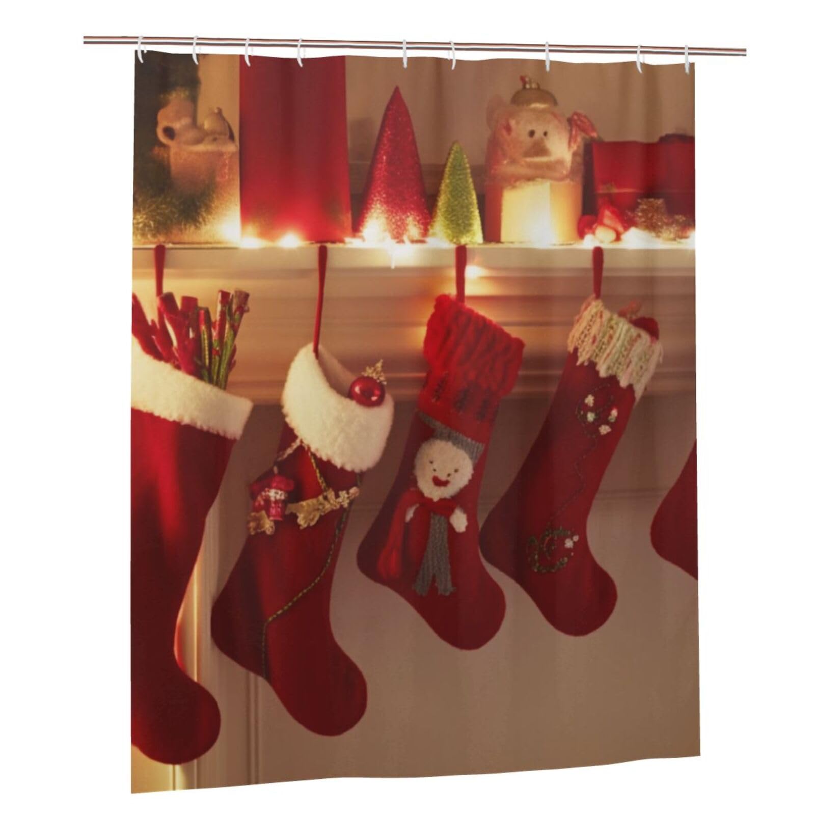 BWWHCCTI Merry Christams Stockings Printed Shower Curtain With 12 Plastic Hooks Opaque Quick Drying Waterproof Shower Curtains Sets For Bathroom 152x183 Cm