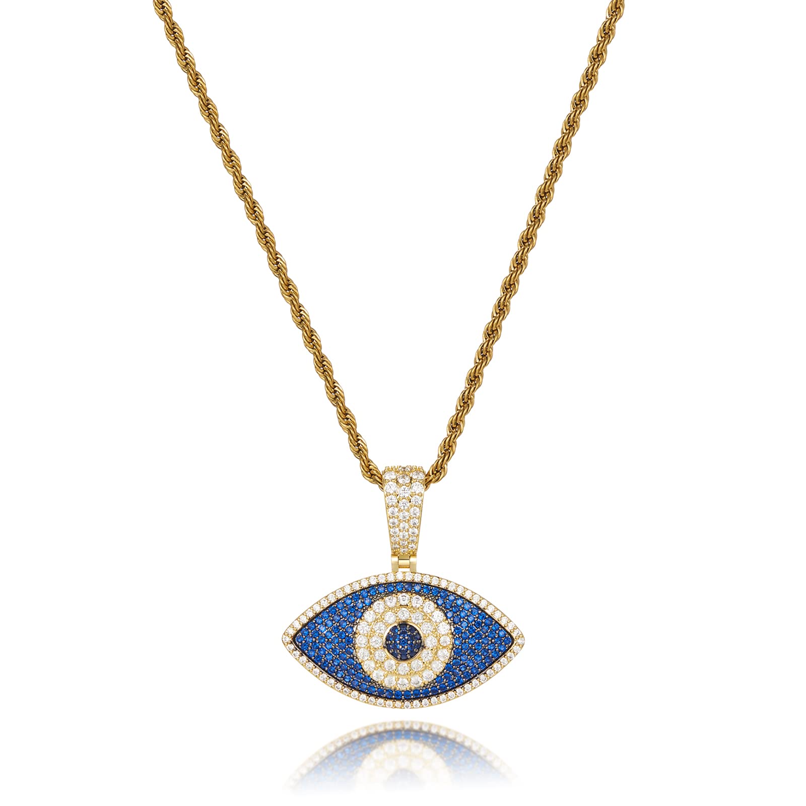 IVY TAILI Evil Eye Necklace 18k Gold Plated Iced Out Pendant with Rope Chain Cubic Zirconia Diamond Gold Pendant Necklace Evil Eye Charms Hip Hop Jewelry Men Gift