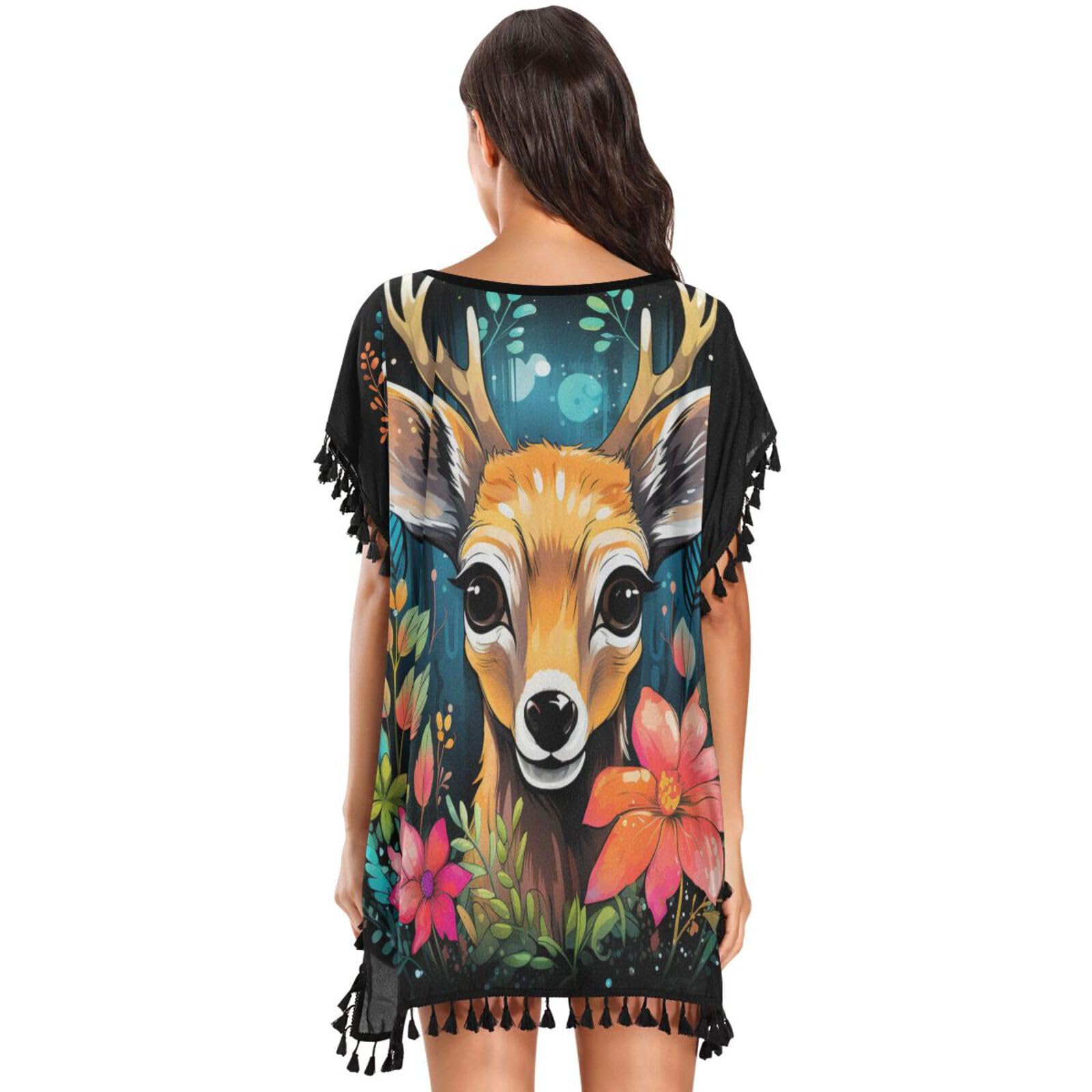 Colorful Blossom Deer Women's Beach Cover Up Chiffon Tassel Swimwear Swimsuit Coverups for Girl