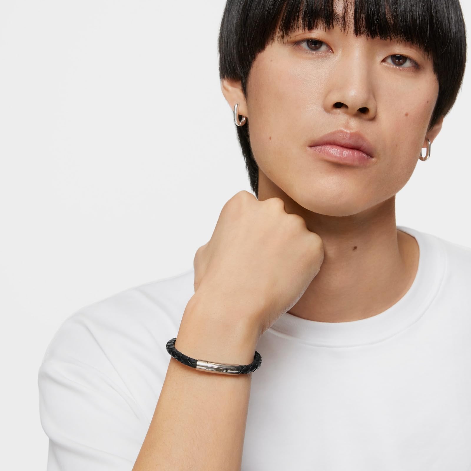TOUS Pulsera de Cuero Negro para Hombre, Motivo Trenzado con cierre en Acero Inoxidable, Largo 20 cm, Clásico y Atemporal, Colección Tous Man