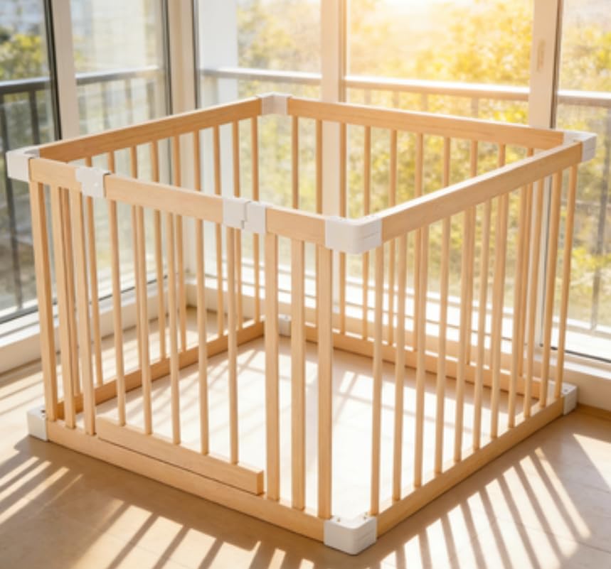 Baby Playpen, Wooden Playpen for Babies and Toddlers,Large Adjustable Wooden Baby Playard with Locking Gate, Easy to Assemble, Portable Play Pen (30.26x24.68Inch)