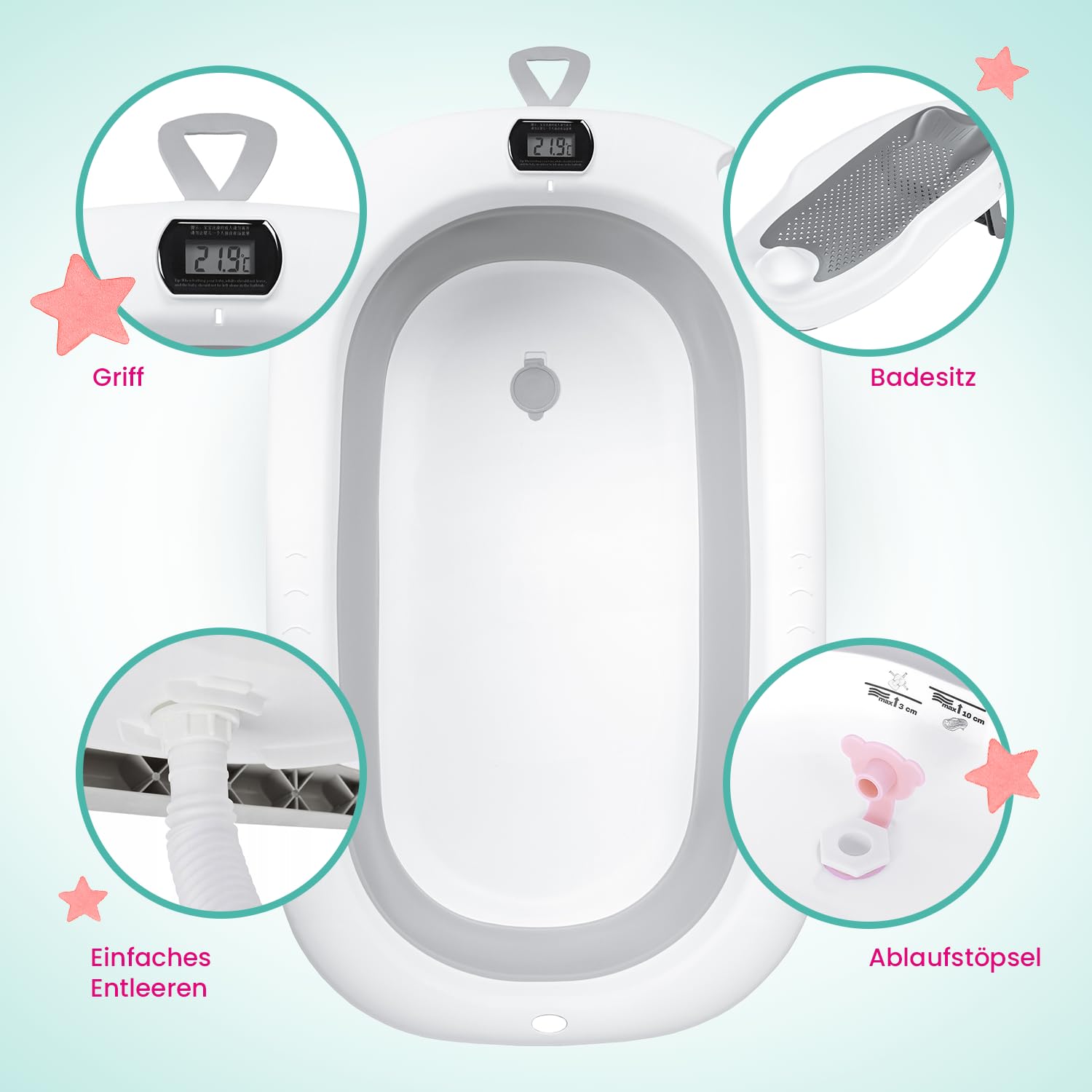 Primabobo Milo Faltbare Babybadewanne mit Gestell und Badesitz, Elektronischem LCD-Thermometer und Ablaufschlauch, Stabiles Bade-Set für Neugeborene und Babys, Grau