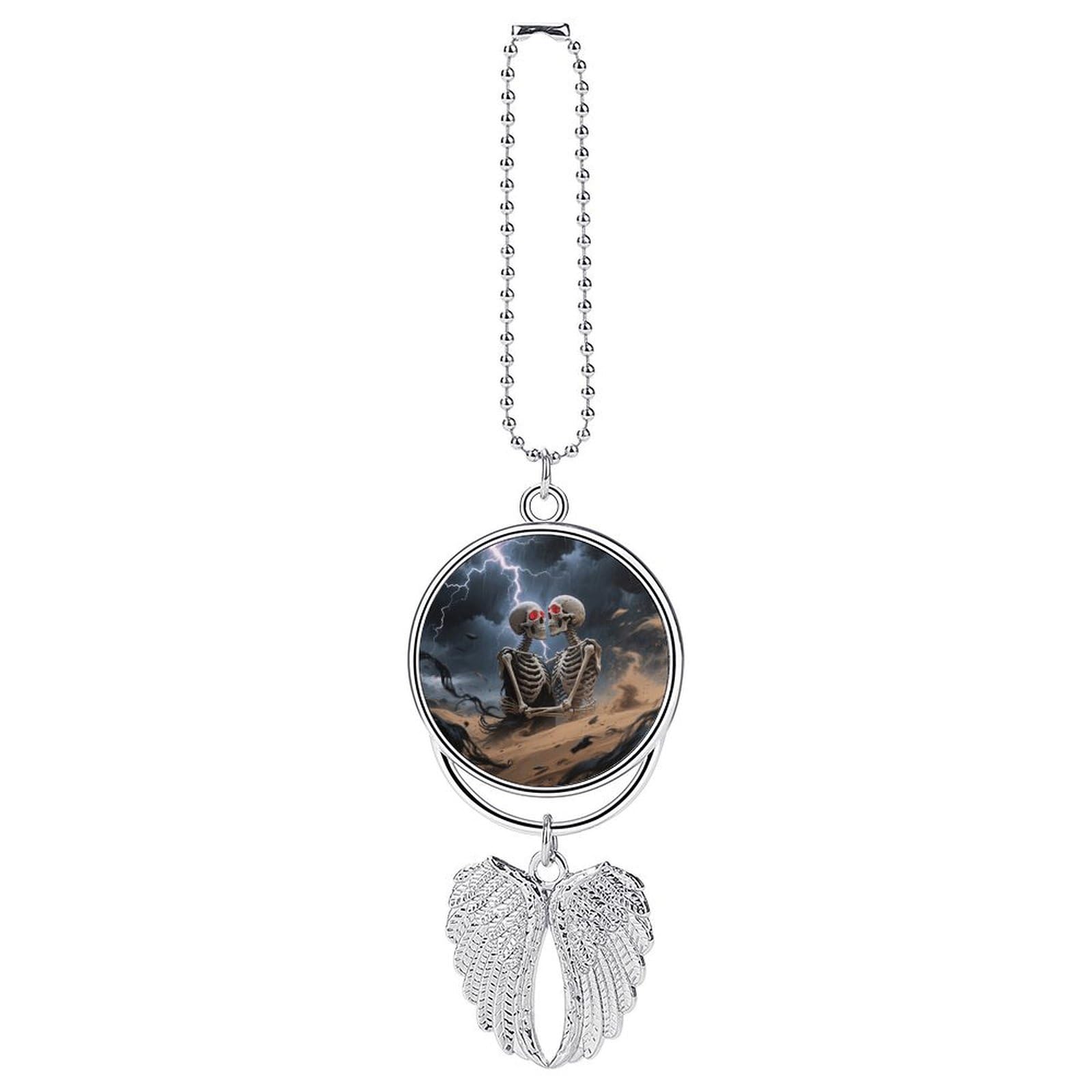 The Lovers Skull Car Pendant Car Rearview Mirror Pendant Custom Photo Car Hanging Ornament Car Rear View Mirror Hanging Accessories Angel Wing Car Charm Gift for Men Women