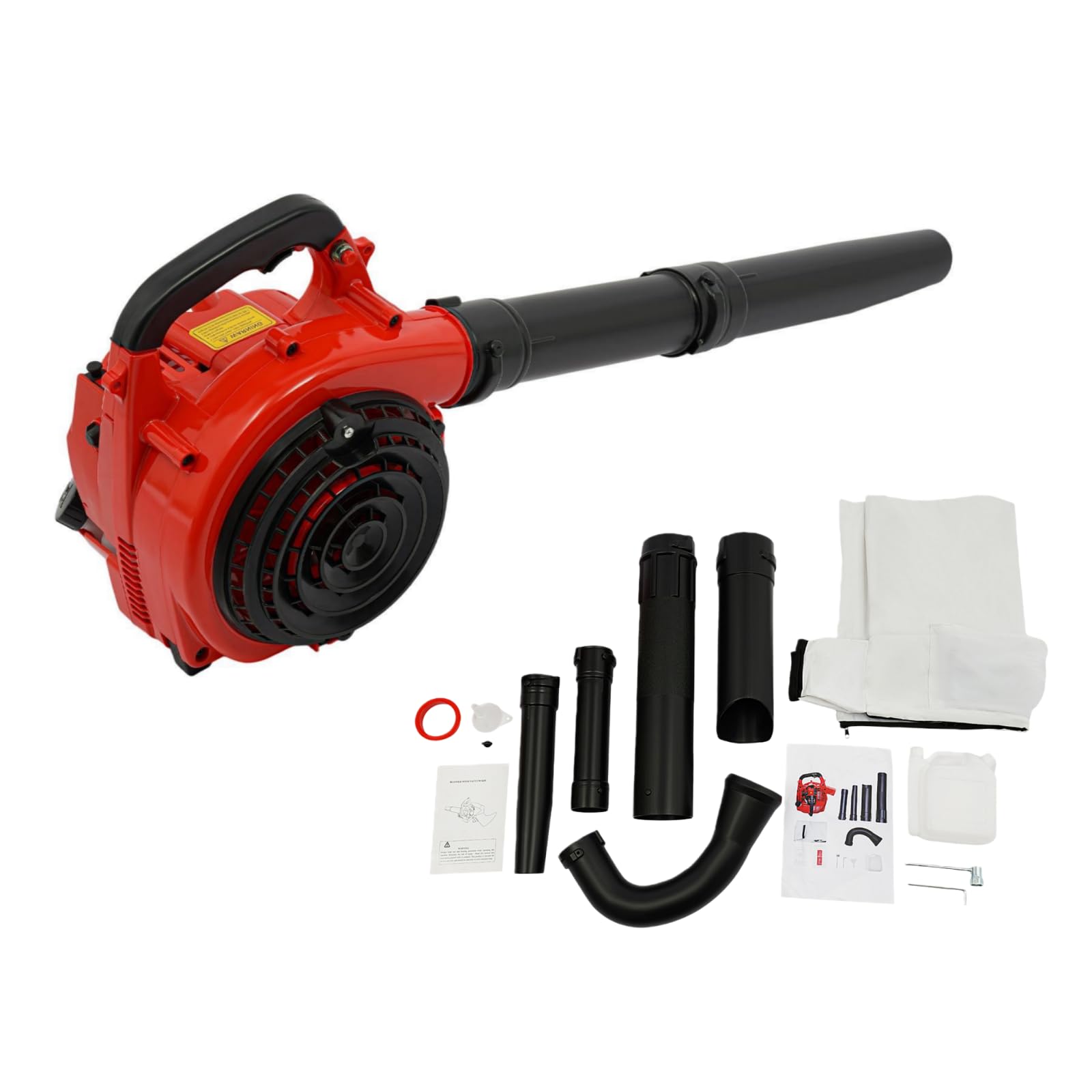 Soplador de hojas de 25,4 CC 750 W, gasolina, soplador de hojas de mano, motor refrigerado por aire de 2 tiempos, con 1 bolsa de recogida y encendido electrónico de 0,13 m³/s, soplador de