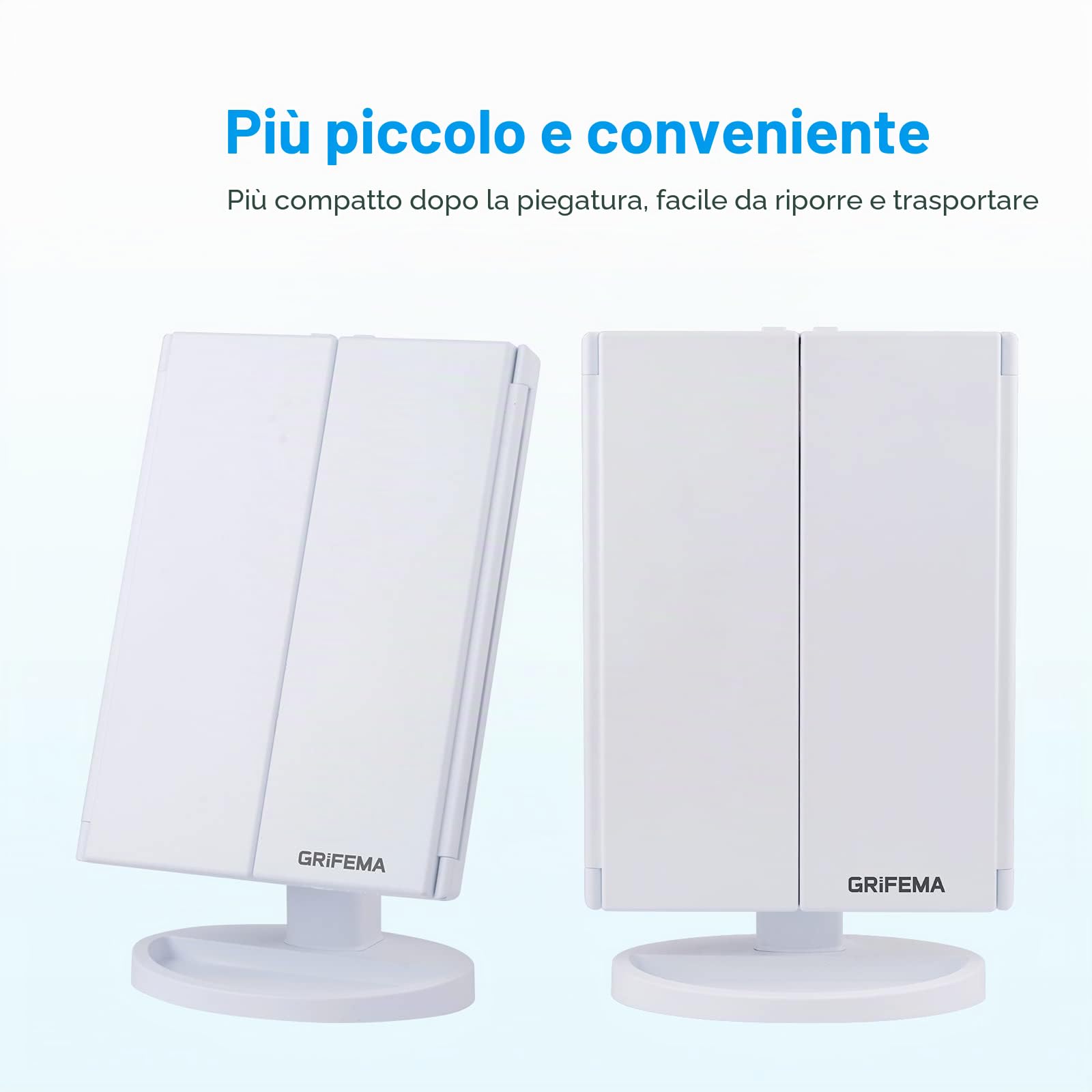GRIFEMA Specchio per Trucco Trifold con Luce a 32 LED, con Illuminazione, Ingrandimento 3/2/1, Specchio da Tavolo Touch, Regolabile a 180°, USB e Batteria, Bianco