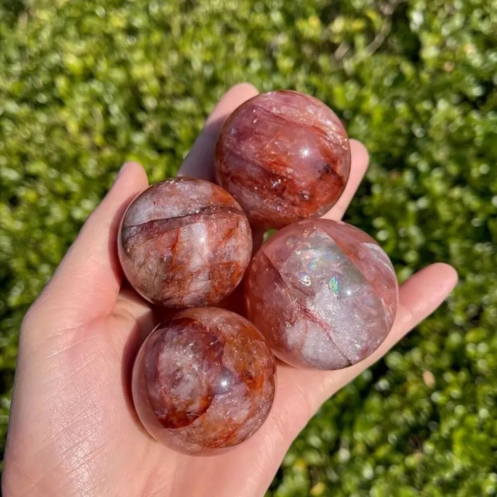 Red Gum Flower Crystal Ball with Wooden Base Quartz Gemstone Sphere for Divination Fengshui Home Office Decor,55~60mm