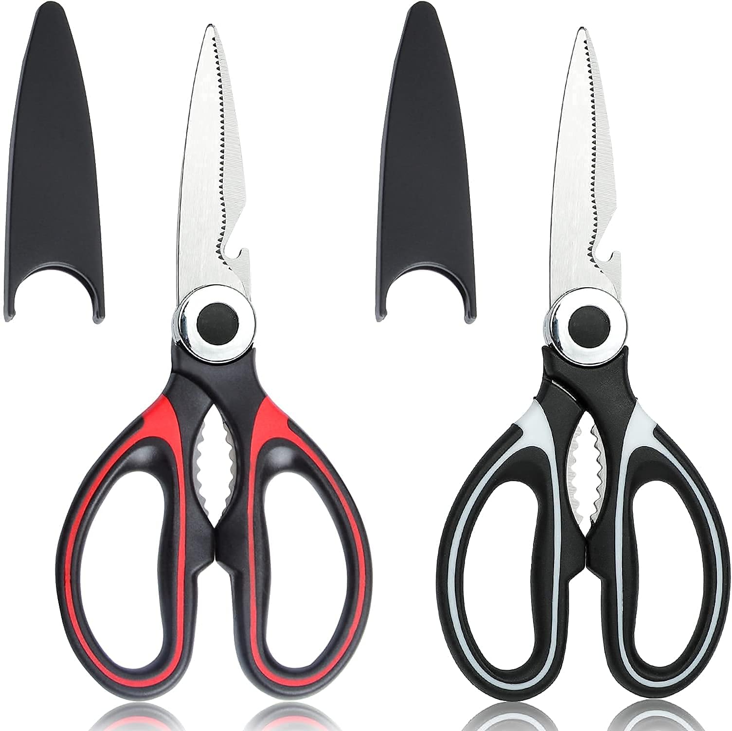 Wellehomi2Pcs Kitchen Scissors Heavy Duty Kitchen Scissor Multi-Purpose Stainless Steel Kitchen Shears with Cover for Chicken Meat Bones Fish Vegetables(Black/Red)