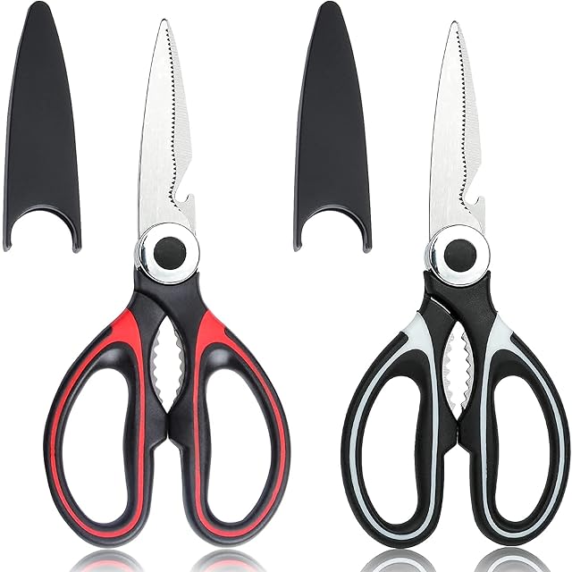 2Pcs Kitchen Scissors Heavy Duty Kitchen Scissor Multi-Purpose Stainless Steel Kitchen Shears with Cover for Chicken Meat Bones Fish Vegetables(Black/Red)