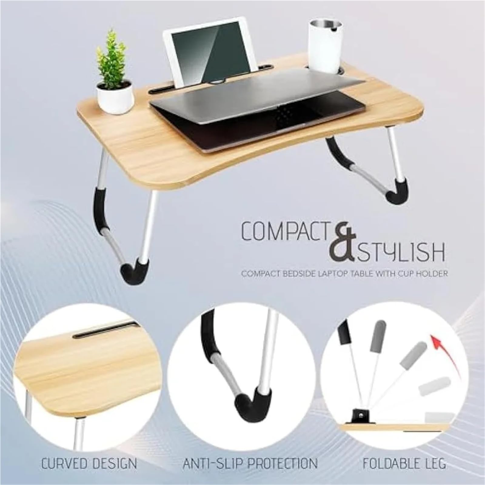 Plateau de lit pliable portable avec porte-gobelet – Bureau idéal pour le petit déjeuner, le travail, l'étude ou servir sur le lit et le canapé – Design léger et pratique