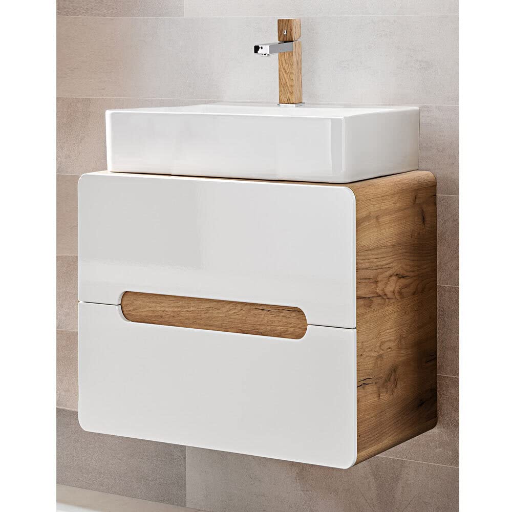 Lomadox Badmöbel Waschbeckenschrank Waschtisch-Unterschrank 60 cm Hochglanz weiß mit Wotan Eiche Nb., 2 Softclose-Schubkästen, B/H/T ca. 60/53/46 cm