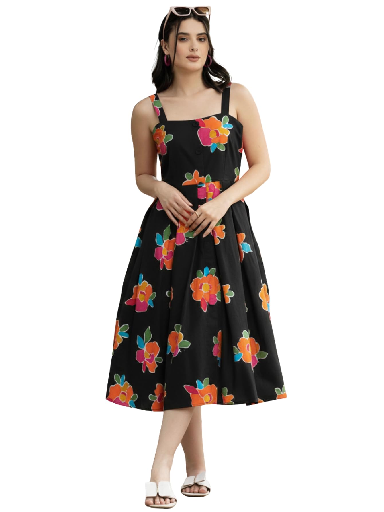 Bollyclues Women’s Rayon Floral Maxi Dress for Women | Soft & Breathable Fabric | Sleeveless Square Neck Fit & Flare Dress | Stylish Casual, Summer & Vacation Wear Multicolour