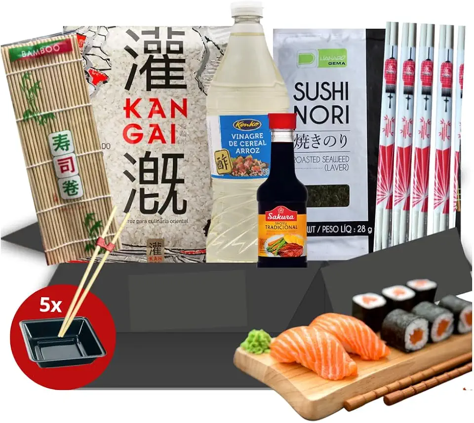 Kit Básico Econômico Sushi Arroz Grão curto , Alga 10 folhas, Esteira, Shoyu 150ml, Vinagre Sakura