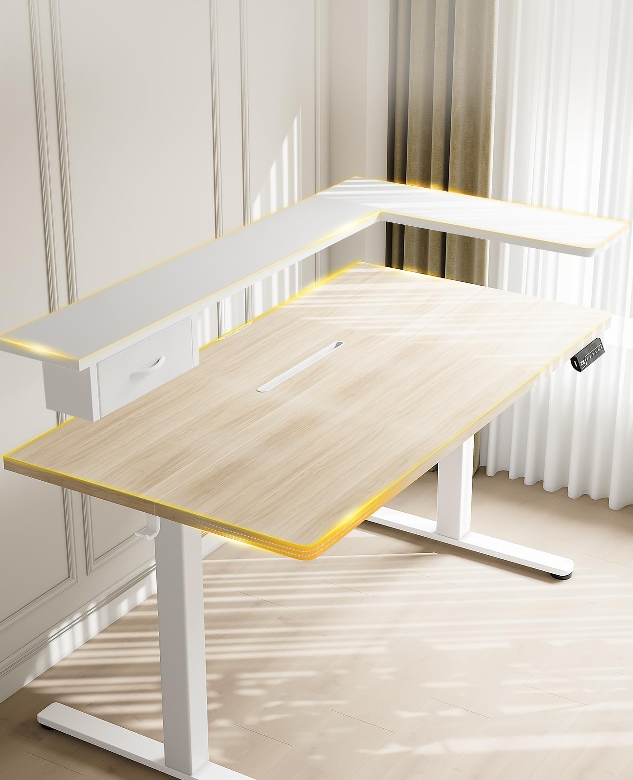 OffiGo Bureau Assis Debout, 120 x 60 cm Bureau Debout Electrique avec Support d'écran en L, Standing Desk avec Tiroir, Table avec Prise USB, Ergonomique Table Ordinateur, Beige
